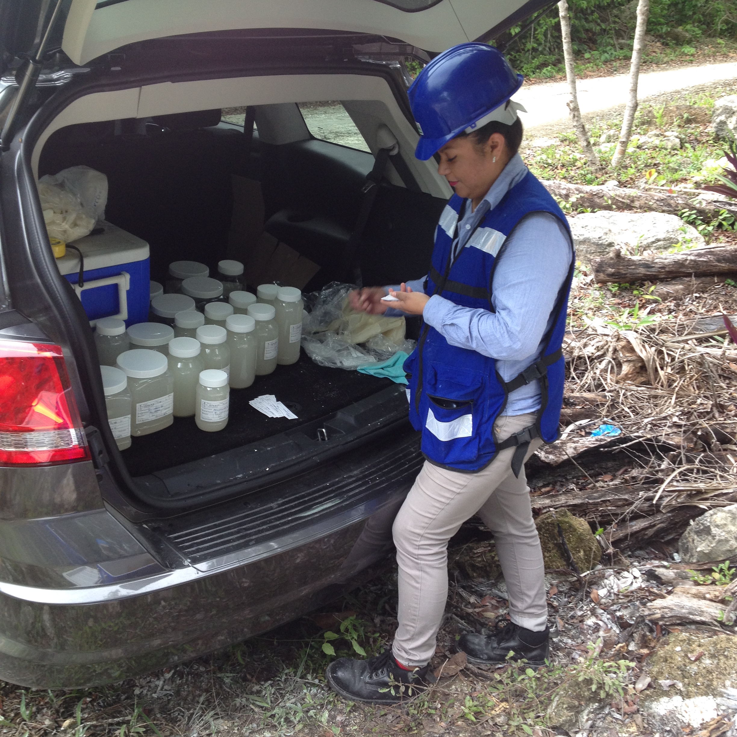 Etiquetado de muestras de agua subterránea del proyecto denominado El Caracol en Puerto Morelos, Cancún.