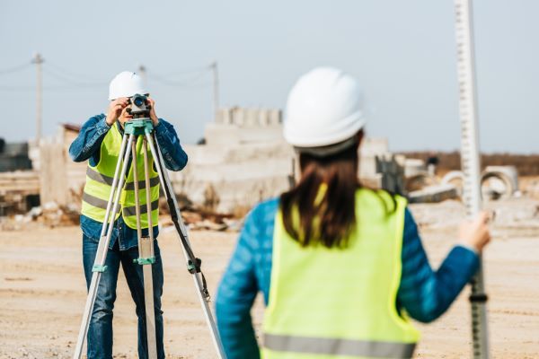 Prospección geofísica; Enfoque selectivo de los topógrafos con nivel digital y regla de topografía en el sitio de construcción.