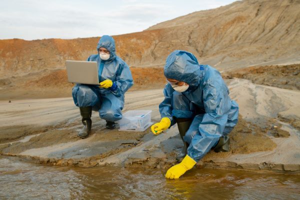 Riesgo geológico; Dos personas estudiando las características del agua contaminada.