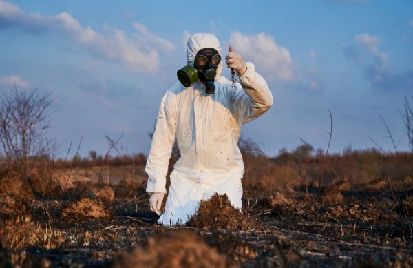 Estudio hidrológico; Ecologista que examina el suelo en el campo.