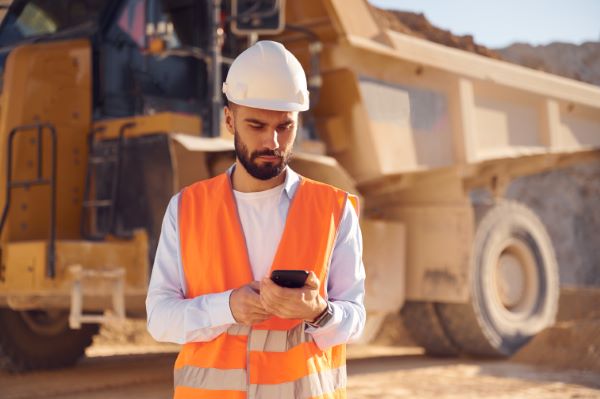 Estudios geológicos; un hombre de uniforme trabajando en una construcción.