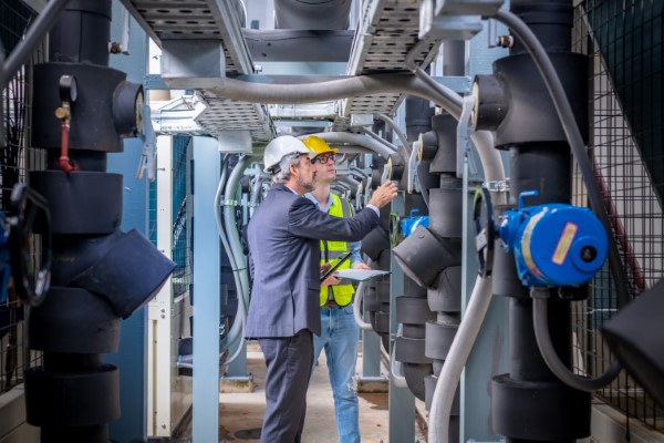 Sistemas de información geográfica en hidrología; Ingenieros revisando unas tuberías de una planta de agua.