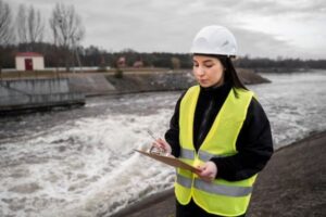 Estudios de inundabilidad; mujer haciendo una revisión de instalaciones para construcción